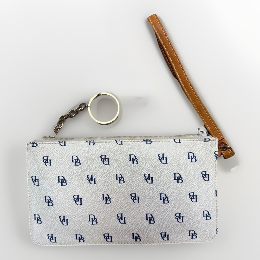 Dooney & Bourke Monogram Coated Canvas Wristlet White Blue Tan Leather Strap $98